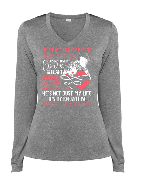 He's Not Just My Friend T Shirt, He's My Love T Shirt, Cool Shirt (Ladies LS Heather V-Neck)
