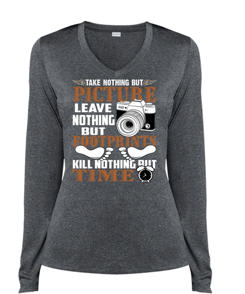Picture Leave Nothing T Shirt, Being A Photographer T Shirt, Cool Shirt (Ladies LS Heather V-Neck)