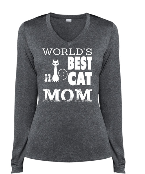World's Best Cat Mom T Shirt, Family T Shirt, Being A Mom T Shirt (Ladies LS Heather V-Neck)