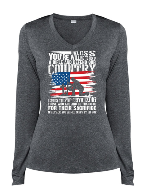 Defend Our Country T Shirt, Being A Veteran T Shirt, Cool Shirt (Ladies LS Heather V-Neck)