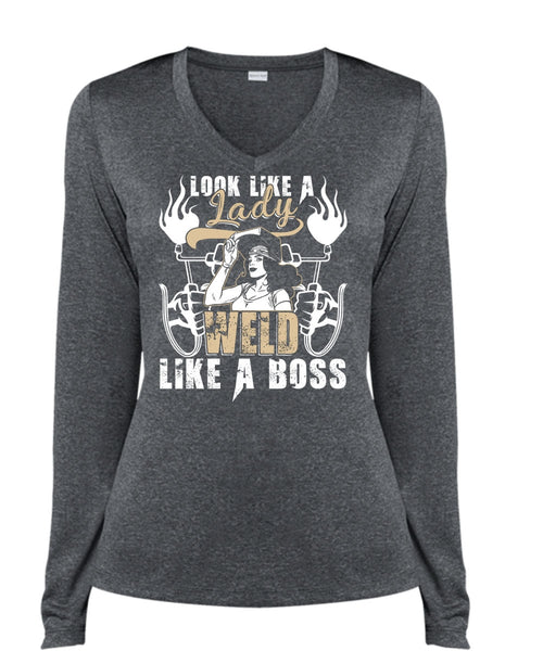 Look Like A Lady Weld Like A Boss T Shirt, Being A Welder T Shirt, Cool Shirt (Ladies LS Heather V-Neck)
