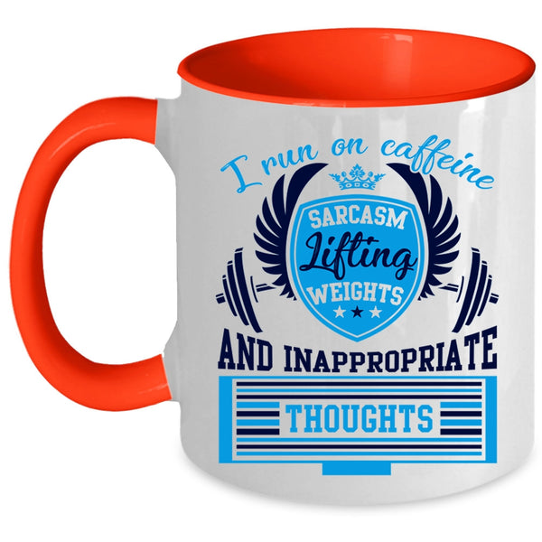 Lifting Weights Coffee Mug, I Run On Caffeine Sarcasm Accent Mug