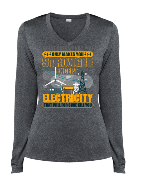 Stronger Except Electricity T Shirt, I Love Electrician T Shirt, Cool Shirt (Ladies LS Heather V-Neck)