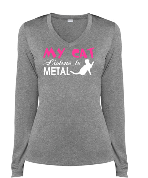 My Cat Listens To Metal T Shirt, My Pets T Shirt, I Love My Cat T Shirt (Ladies LS Heather V-Neck)