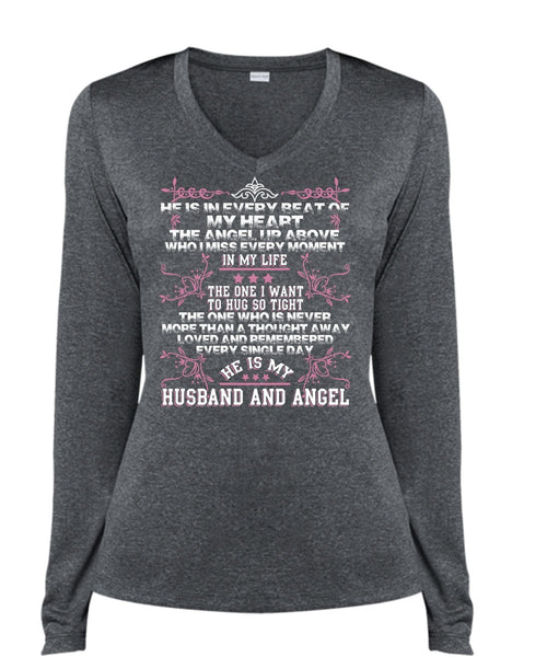 He Is My Husband And Angel T Shirt, Loved And Remembered T Shirt, Cool Shirt (Ladies LS Heather V-Neck)