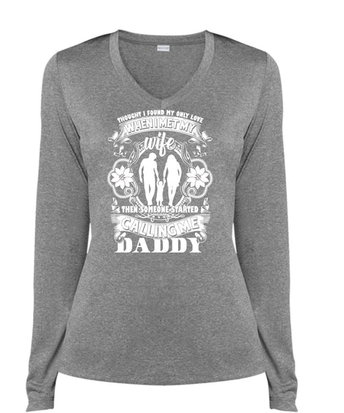 Calling Me Daddy T Shirt, I Met My Wife T Shirt, Cool Shirt (Ladies LS Heather V-Neck)