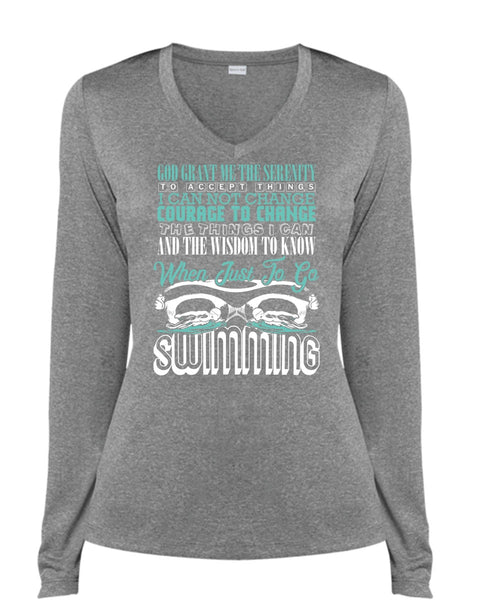 Just To Go Swimming T Shirt, Being A Swimmer T Shirt, Cool Shirt (Ladies LS Heather V-Neck)