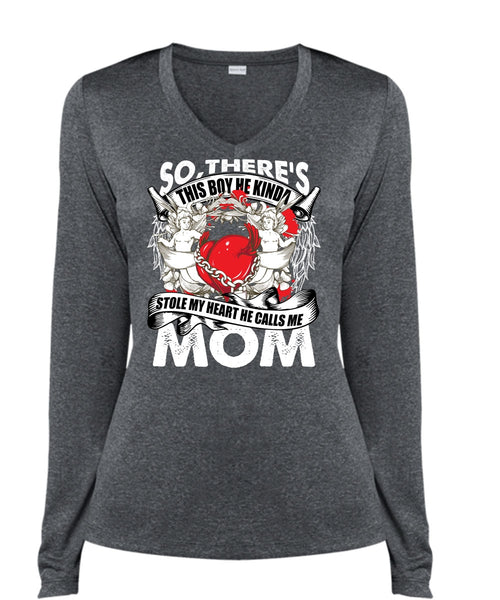 He Calls Me Mom T Shirt, Stole My Heart T Shirt, Cool Shirt (Ladies LS Heather V-Neck)