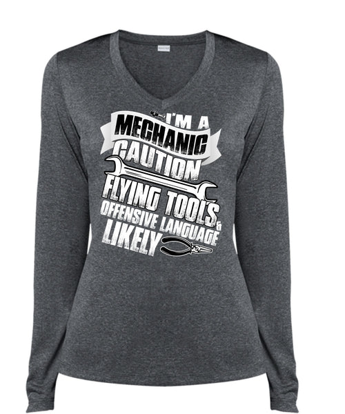 I'm A Mechanic T Shirt, Flying Tools T Shirt, Cool Shirt (Ladies LS Heather V-Neck)