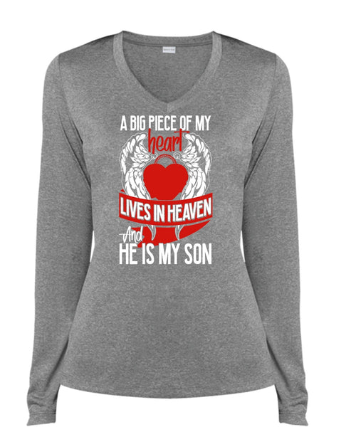 He Is My Son T Shirt, Lives In Heaven T Shirt, Cool Shirt (Ladies LS Heather V-Neck)