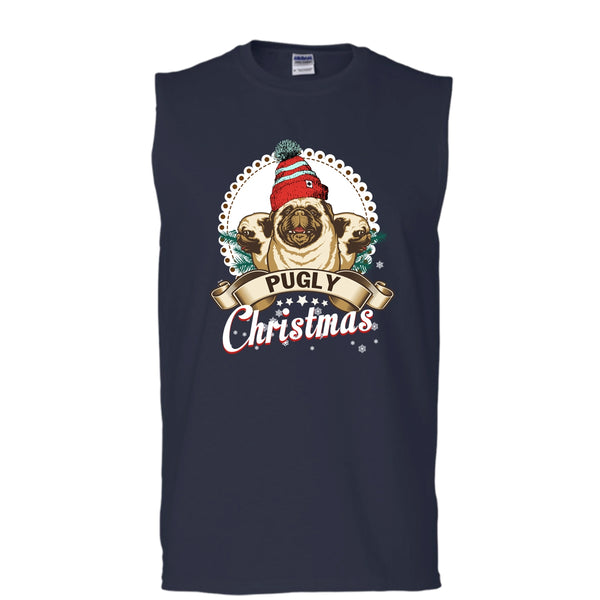 Pugly Christmas T Shirt, Coolest Pug Tank Top (Men's Cotton Sleeveless)