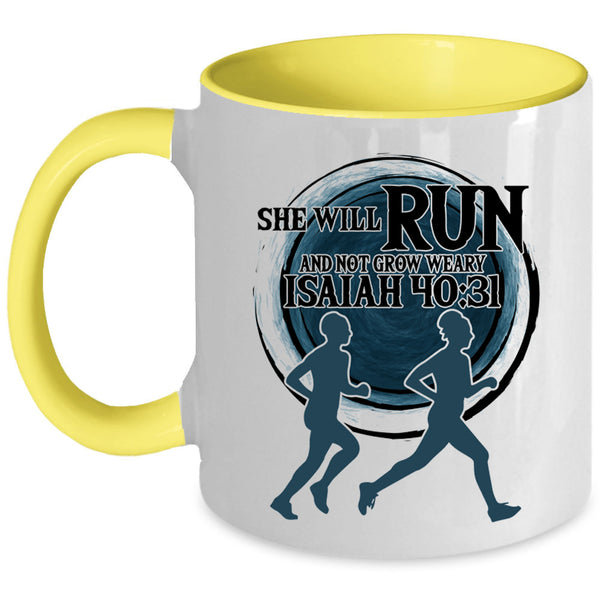 Funny Runner Coffee Mug, She Will Run And Not Grow Weary Accent Mug