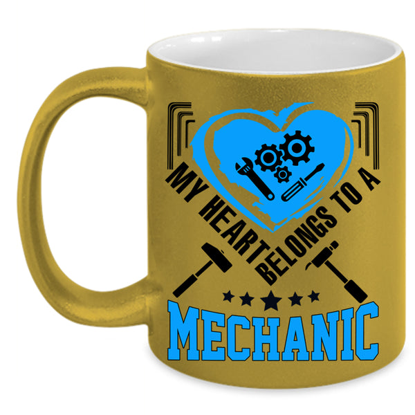 Cute Couple Coffee Mug, My Heart Belongs To A Mechanic Accent Mug