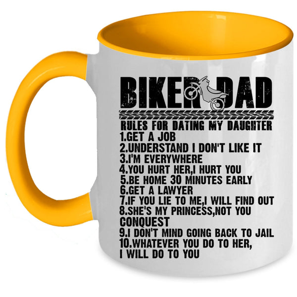Cool Biker Dad Coffee Mug, Biker Dad Rules For Dating My Daughter Accent Mug