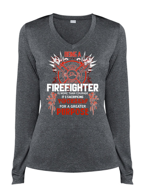 Being A Firefighter T Shirt, It's Sacrificing T Shirt, Cool Shirt (Ladies LS Heather V-Neck)