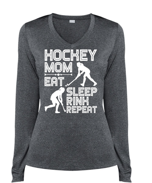 Hockey Mom Eat Sleep Rink Repeat T Shirt, Being A Hockey Mom T Shirt, Cool Shirt (Ladies LS Heather V-Neck)