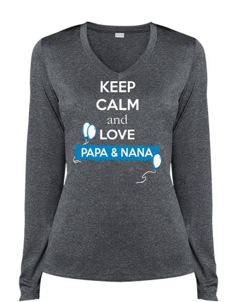 Keep Calm And Love Papa And Nana T Shirt, Father's Day T Shirt (Ladies LS Heather V-Neck)