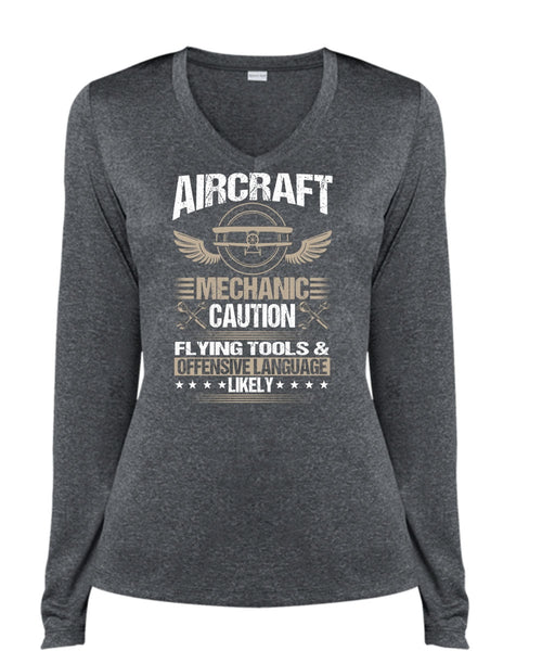 Aircraft Mechanic Caution Flying Tools T Shirt, Being A Mechanic T Shirt, Cool Shirt (Ladies LS Heather V-Neck)