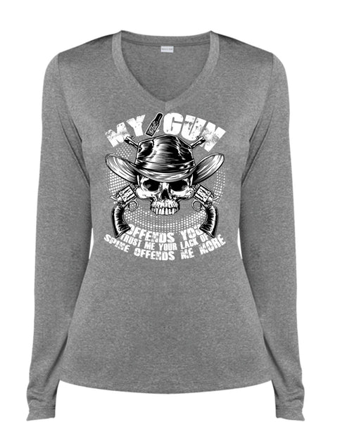 My Gun Offends You T Shirt, Being A Gunner T Shirt, Cool Shirt (Ladies LS Heather V-Neck)