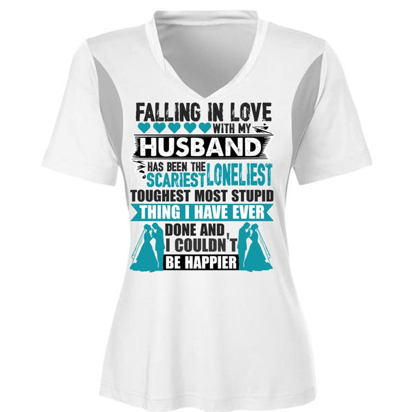 Falling In Love With My Husband T Shirt, I Couldn't Be Happier T Shirt, Cool Shirt (Ladies LS Heather V-Neck)
