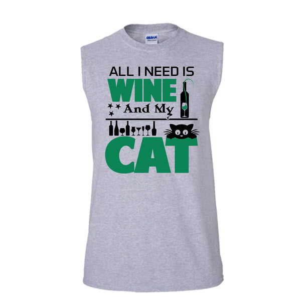 All I Need Is Wine And My Cat Shirt, Cute Cat Shirt (Men's Cotton Sleeveless)