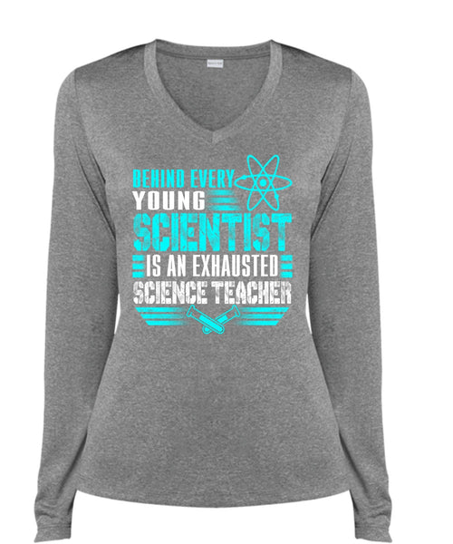 Behind Every Young Scientist T Shirt, Science Teacher T Shirt, Cool Shirt (Ladies LS Heather V-Neck)
