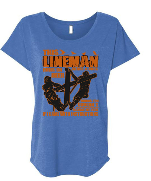 This Lineman Runs On Beer T Shirt, I Love Lineman T Shirt, Cool Shirt (Ladies' Triblend Dolman Sleeve)