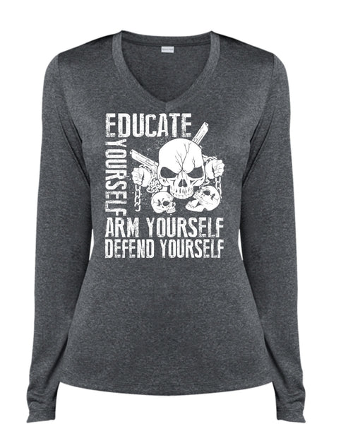 Educate Yourself Arm Yourself T Shirt, Being A Veteran T Shirt, Cool Shirt (Ladies LS Heather V-Neck)