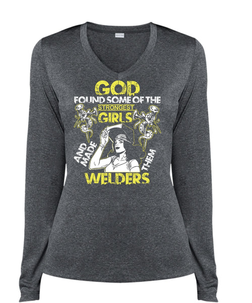 Made Them Welders T Shirt, Strongest Girls T Shirt, Cool Shirt (Ladies LS Heather V-Neck)