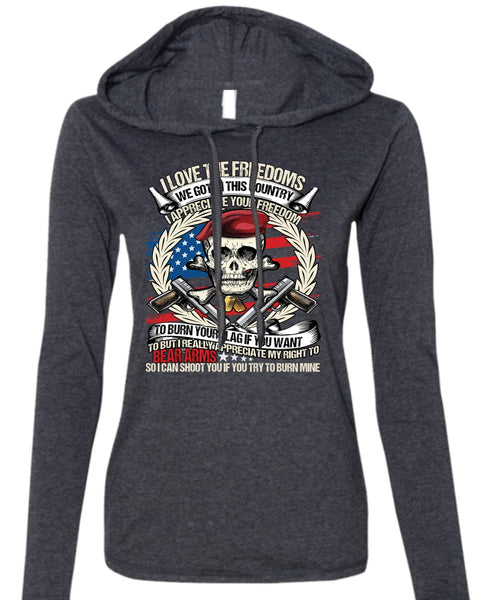 I Love The Freedoms T Shirt, Being A Veteran T Shirt (Anvil Ladies Ringspun Hooded)