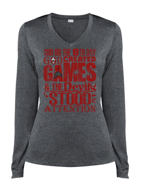 God Created Games T Shirt, The Devils Stood At Attention T Shirt, Cool Shirt (Ladies LS Heather V-Neck)