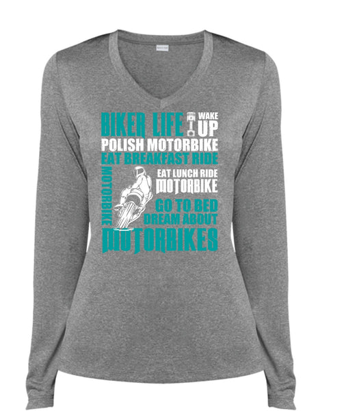 Biker Life T Shirt, Dream About Motorbikes T Shirt, Cool Shirt (Ladies LS Heather V-Neck)