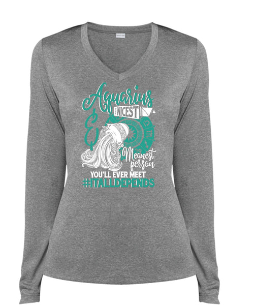 Aquarius Nicest Meanest Person T Shirt, Being An Aquarius T Shirt, Cool Shirt (Ladies LS Heather V-Neck)