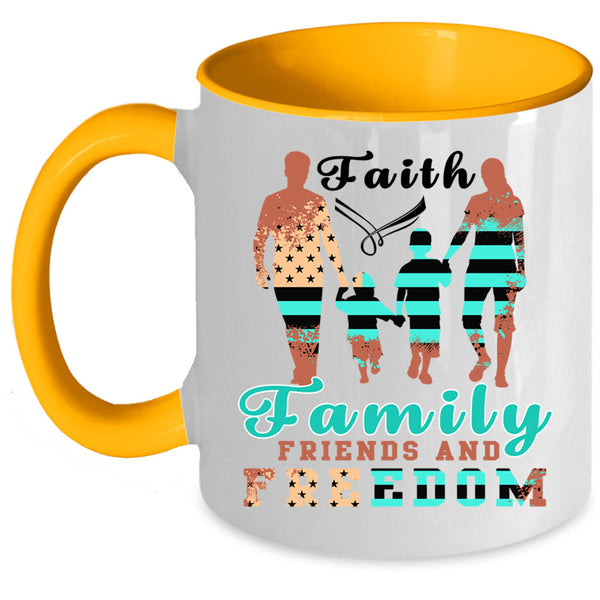 American Flag Coffee Mug, Faith Family Friends And Freedom Accent Mug