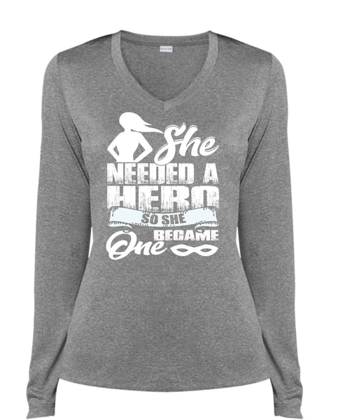 She Became One T Shirt, Being A Lady T Shirt, Cool Shirt (Ladies LS Heather V-Neck)
