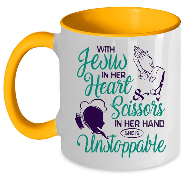 She Is Unstoppable Coffee Mug, With Scissors In Her Hand Accent Mug