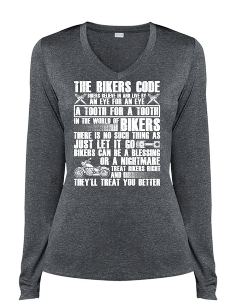 The Bikers Code T Shirt, World Of Biker T Shirt, Cool Shirt (Ladies LS Heather V-Neck)