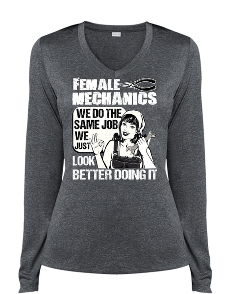Female Mechanics T Shirt, Being A Mechanic T Shirt, Cool Shirt (Ladies LS Heather V-Neck)