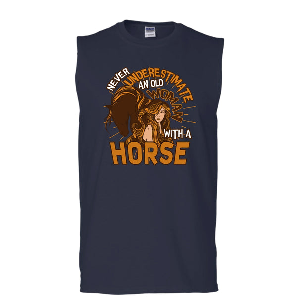 Never Underestimate T Shirt, Old Woman With A Horse Tank Top (Men's Cotton Sleeveless)