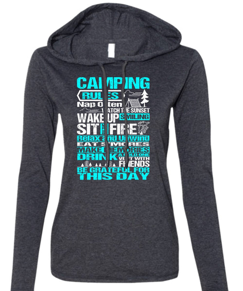 Camping Rules Nap Often T Shirt, Wake Up Smiling T Shirt (Anvil Ladies Ringspun Hooded)