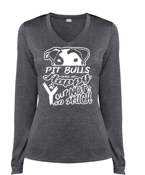 Pit Bulls Make Me Happy You T Shirt, I Love Dog T Shirt, My Pets T Shirt (Ladies LS Heather V-Neck)
