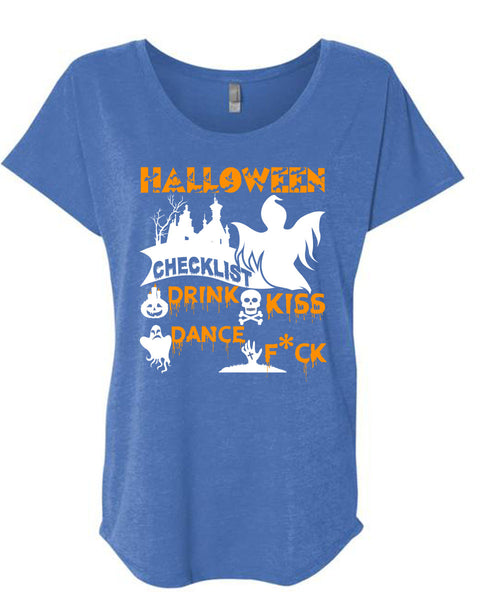 Halloween Checklist Drink Kiss Dance T Shirt, I Love You Pumpkin T Shirt, Cool Shirt (Ladies' Triblend Dolman Sleeve)