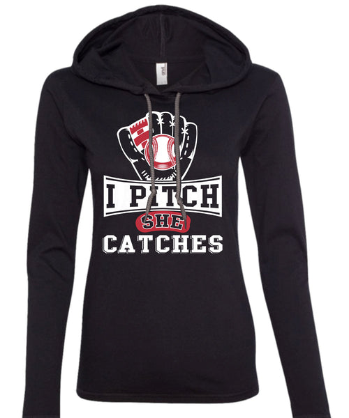 I Pitch She Catch T Shirt, I Love Baseball T Shirt (Anvil Ladies Ringspun Hooded)