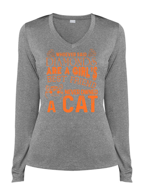 Diamonds Are A Girl's Best Friend Never Owned A Cat T Shirt, I Love Cat T Shirt, Cool Shirt (Ladies LS Heather V-Neck)