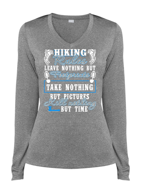 Hiking Rules T Shirt, Footprint T Shirt, Cool Shirt (Ladies LS Heather V-Neck)
