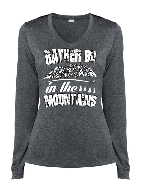Rather Be In The Mountains T Shirt, Being A Hiker T Shirt, Cool Shirt (Ladies LS Heather V-Neck)
