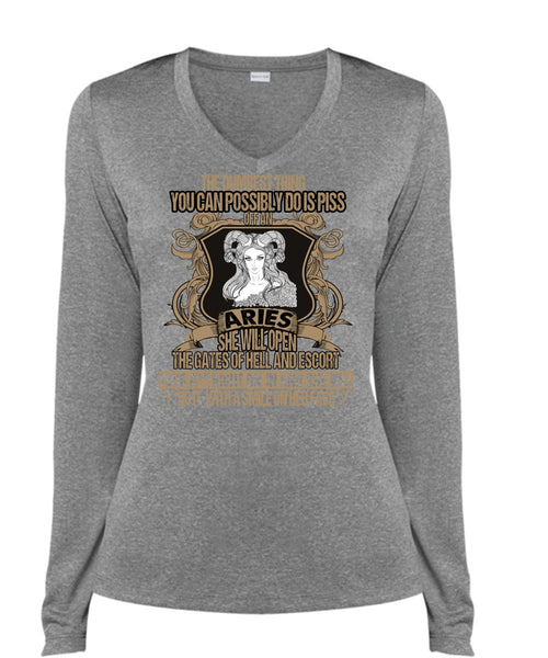 Aries She Will Open The Gates T Shirt, Being An Aries T Shirt, Cool Shirt (Ladies LS Heather V-Neck)