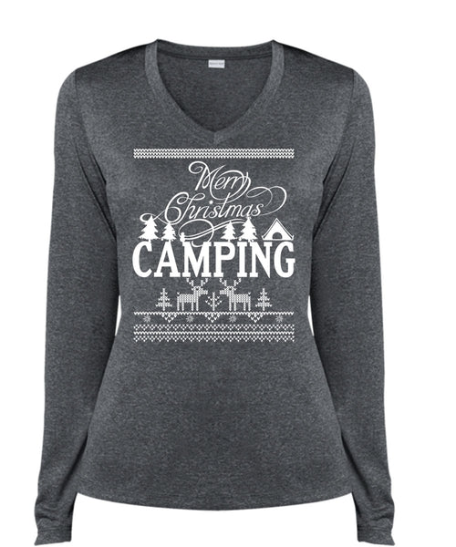 Merry Christmas Camping T Shirt, This Girl Loves Christmas T Shirt, Cool Shirt (Ladies LS Heather V-Neck)