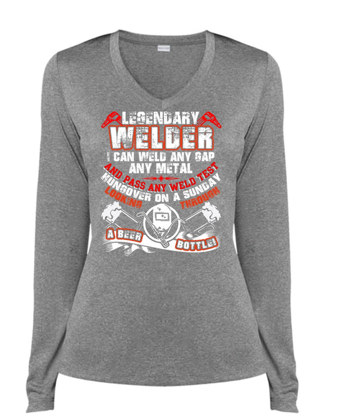 Legendary Welder T Shirt, Pass Any Weld Test T Shirt, Cool Shirt (Ladies LS Heather V-Neck)