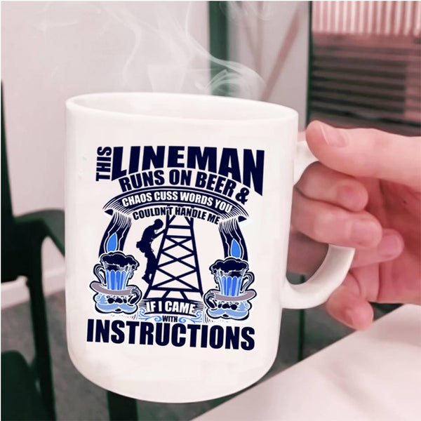 Awesome Linemans Coffee Mug, This Lineman Runs On Beer Cup